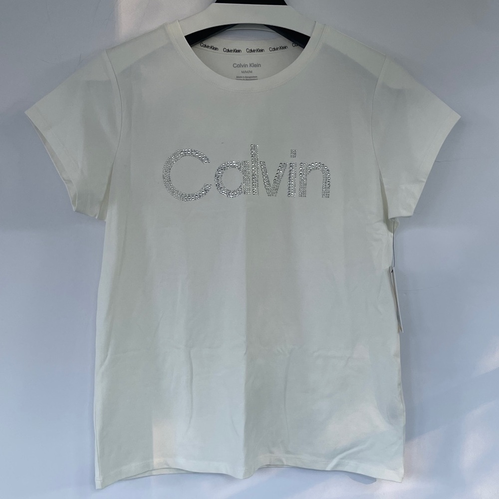 Calvin Klein Off-White Tee Blinged Out Embellishments Medium